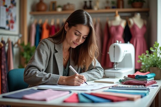 Innovative Fashion Designer Crafting a Fresh Collection: Sketches, Fabrics, Sewing Machine, Dress Forms, Inspiration Board, and Vibrant Workspace - Powered by Adobe