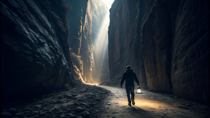 Traveler walking through dramatic rocky canyon holding lantern with sunlight beams breaking through cliffs perfect for adventure themes, exploration visuals and cinematic landscape backgrounds