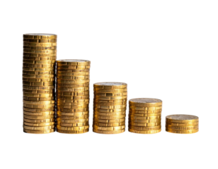 Stacks of golden coins decreasing in size, illustrating financial decline on black