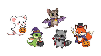 Spooky Forest Creatures: A charming ensemble of cartoon animals, whimsically dressed for the enchanting night of Halloween, creating a playful and captivating scene.