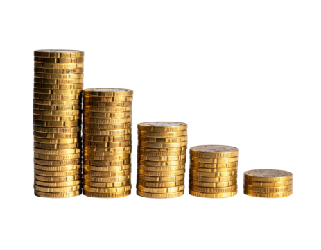 Stacks of golden coins decreasing in size, illustrating financial decline on black