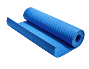 A partially rolled-up, bright blue exercise mat on a black background