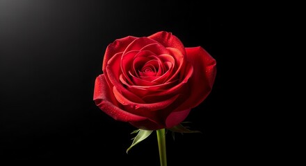 Fototapeta premium A captivating closeup of a velvety red rose, its delicate petals adorned with glistening water droplets against a stark black background