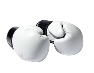 A pair of crisp, white boxing gloves isolated against a stark black background