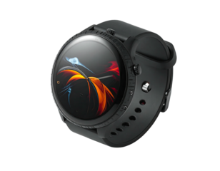 Modern smartwatch with a round face, featuring an abstract colorful display