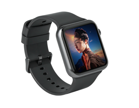 A smart watch, displaying a person with a scenic background, on a black band