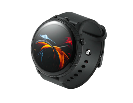 Modern smartwatch with a round face, featuring an abstract colorful display