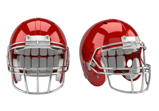 Two red football helmets isolated on transparent background