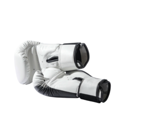 White boxing gloves set on a dark background, studio shot, angled lighting