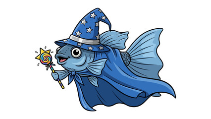 Magical Fish Wizard: An adorable illustration of a whimsical blue fish, adorned in a wizard's attire, including a pointed hat, flowing cape, and magic wand.