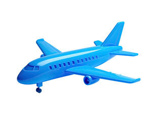 Vibrant blue plastic toy airplane, glossy with shadows, set against a stark black backdrop