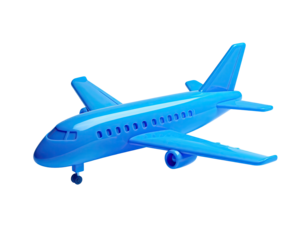 Vibrant blue plastic toy airplane, glossy with shadows, set against a stark black backdrop