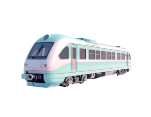 A modern, light blue and white passenger train, 3/4 view, isolated on black