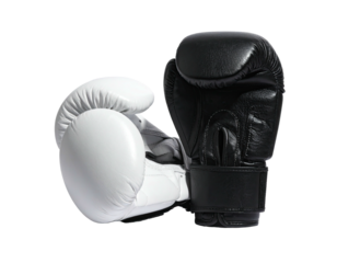 A pair of boxing gloves, one white and one black, sit together on black