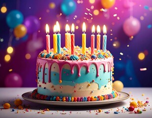 Colorful Birthday Cake with Candles and Confetti.