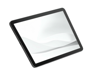 Angled shot of a tablet with a bright, white screen against a black background