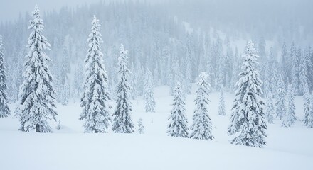 Snow covered evergreen trees in a winter forest landscape scene