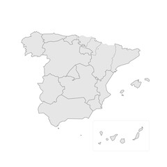 Spain political map of administrative divisions - autonomous communities and autonomous cities of Ceuta and Melilla. Grey blank vector editable map EPS.