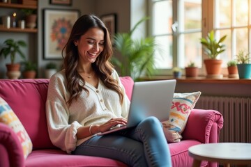 Young woman on a vibrant pink sofa, joyfully browsing trendy clothes on her laptop in a stylishly decorated room with bohemian decor.