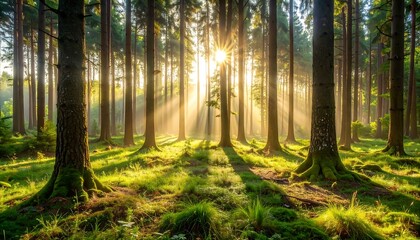 Obraz premium Sunlight streams through a lush forest (5)