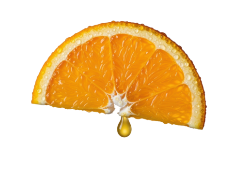 A vibrant orange slice with dewdrops, one segment pulled back revealing juice vesicles and a hanging droplet, on a transparent background. Concept for beverage advertising