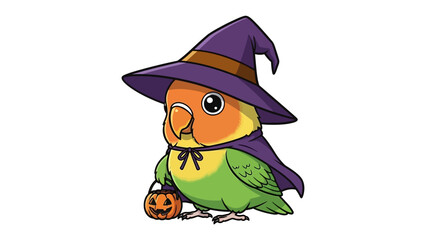 Halloween Parrot: An adorable parrot, dressed in a witch costume, holding a pumpkin treat, celebrating Halloween in a fun and spooky setting.