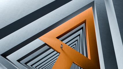 Fototapeta premium Man walking on high level arrow path of multi level building, correct strategic choice, 3d render