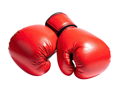 Pair of bright red boxing gloves, angled slightly, isolated on a black background