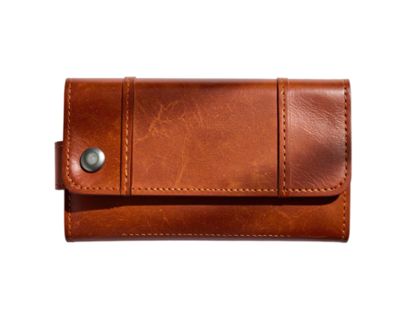 A closed, rectangular brown leather wallet with a snap closure, set against black
