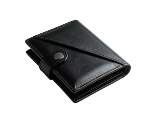 Black leather wallet with diagonal flap and snap closure against a black background
