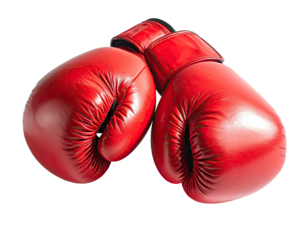Pair of red boxing gloves, one overlapping the other, isolated on black