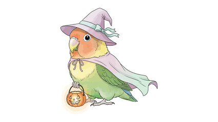 Whimsical Witchy Parrot: A charming illustration of a parrot, clad in a whimsical witch hat and cape, clutches a glowing jack-o'-lantern, evoking a sense of enchantment and joy.