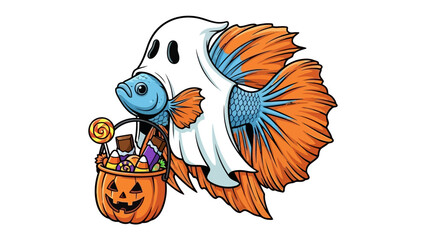 Spooky Betta Halloween: A festive illustration of a Betta fish in a playful ghost costume, holding a carved pumpkin-shaped basket overflowing with Halloween candy.