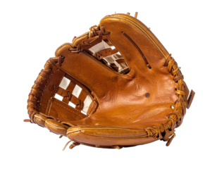 A tan leather baseball glove, open and angled, ready for catching a ball