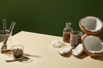 Coconuts, roasted coffee beans, and skincare oil jar placed in minimal styling. Ideal photo for product display in wellness, beauty, or natural cosmetic ads. Space for design