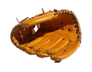 Tan leather baseball mitt sits open with visible stitching, isolated on black