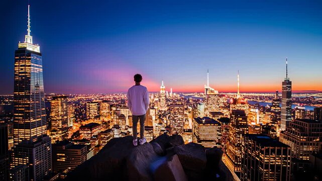 Solo traveler stands on a rooftop ledge overlooking a glittering city at blue hour, skyscrapers and neon waking below; aspirational travel moment evoking freedom