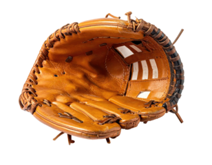 Open leather mitt against a black background, seams and webbing visible