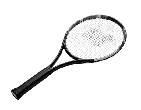A black and silver tennis racket, angled against a black background