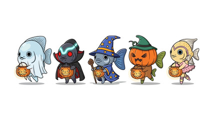 Spooky School of Fish: A playful gathering of uniquely designed fish in various Halloween costumes carrying miniature pumpkin buckets, ready for some trick-or-treating fun!