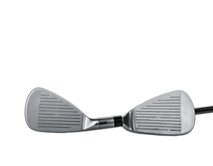 Two golf clubs face down in opposite directions, against black