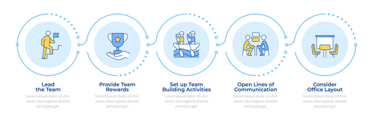 Fototapeta premium Team leadership infographic 5 steps. Goal focus, communication. Problem solving, workplace. Flow chart infochart. Editable vector info graphics icons. Montserrat-SemiBold, Regular fonts used