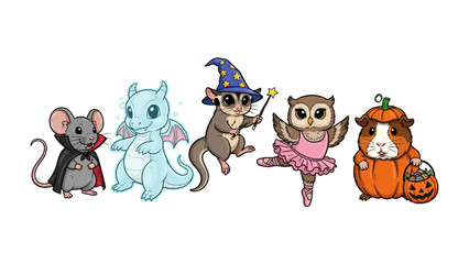 Whimsical Halloween Characters: An assortment of adorable, uniquely-dressed animal companions prepares for Halloween, capturing the essence of fun. 