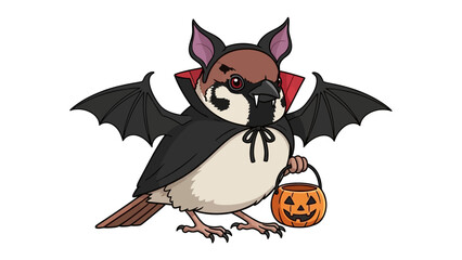 Spooky Sparrow in Costume: A charming illustration depicts a sparrow dressed in a bat costume with a pumpkin-shaped candy bucket. a spooky and fun celebration of Halloween spirit.