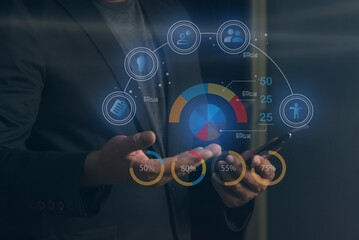 Businessman interacts with a virtual touchscreen displaying colorful graphs and icons. Representing business strategy, data analysis, and performance metrics.