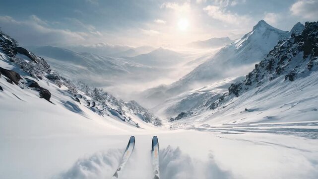 First-person ski run drops into a sparkling alpine valley, wind carving across fresh powder beneath dramatic peaks; exhilarating sports footage tailored for resort promos, action intros