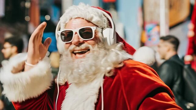 Cool Santa wears chunky headphones and moves to the beat in a lively plaza, playful gestures mixing tradition with pop culture; upbeat leisure clip for music promos, event invitations