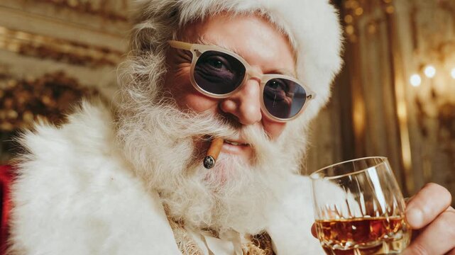 Stylish Santa in sunglasses enjoys a cigar and a neat whiskey against sparkling bar lights, cheeky luxury meets holiday swagger; cinematic drinks portrait ideal for nightlife campaigns