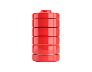 A vibrant red, stacked cylinder representing a full battery on black