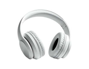 Overhead, white headphones with earcups, arch, and cushions, set against black